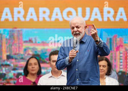 Araraquara, Brazil. 24th May, 2024. The President of Brazil Luiz Inacio Lula da Silva takes part in an event to sign the release of investments totalling R$143 million for flood-fighting works in the city of Araraquara, Sao Paulo, Brazil, on May 24, 2024. (Photo by Igor do Vale/Sipa USA) Credit: Sipa USA/Alamy Live News Stock Photo