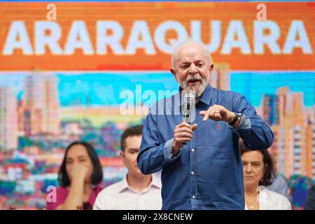 Araraquara, Brazil. 24th May, 2024. The President of Brazil Luiz Inacio Lula da Silva takes part in an event to sign the release of investments totalling R$143 million for flood-fighting works in the city of Araraquara, Sao Paulo, Brazil, on May 24, 2024. (Photo by Igor do Vale/Sipa USA) Credit: Sipa USA/Alamy Live News Stock Photo