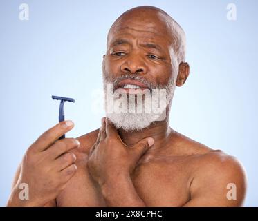 Man, shaving and beard or razor pain for hair removal or red rash ...