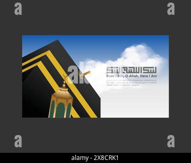 View of Kaaba and Maqam Prophet Ibrahim. Translation Arabic word means ‘Here I Am, O Allah, Here I Am’. Design for Eid Adha and Eid Mubarak. Stock Vector