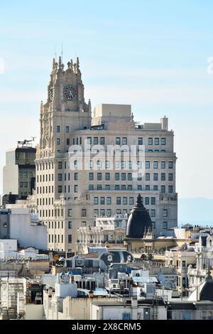 Madrid, Spain - April 13, 2024.The Telefonica building on Gran Via street designed by Ignacio de Cárdenas in Manhattan inspiration. Stock Photo