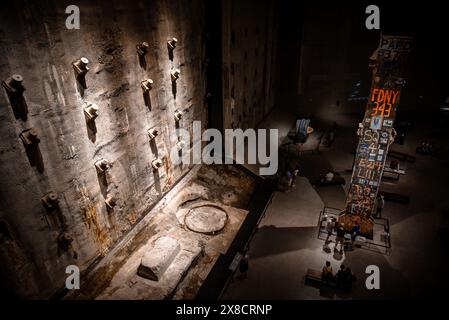 High Angle View of the Main Hall of the National September 11 Memorial, with the Last Column of the World Trade Center standing in the Center Stock Photo