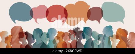 Communication across diverse cultures - Multicultural dialogue represented by colored silhouettes and speech bubbles of multiethnic individuals. Equal Stock Vector