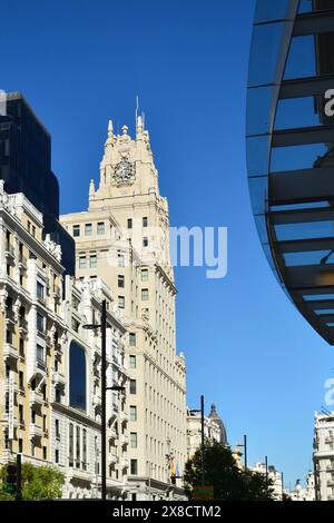 Madrid, Spain - April 16, 2024.The Telefonica building on Gran Via street designed by Ignacio de Cárdenas in Manhattan inspiration. Stock Photo