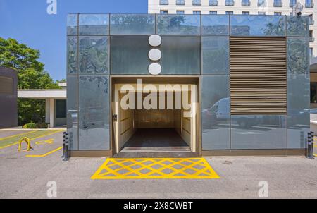 Open Door at Lift for Elevator Cars Access to Underground Parking Garage Stock Photo