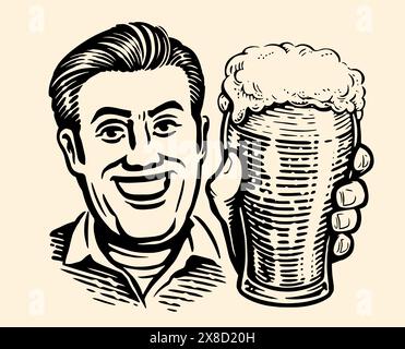 Cheerful man with glass of fresh beer. Hand drawn illustration in retro pop art style. Pub, alcoholic drink concept Stock Vector