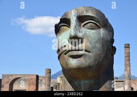 Head of Statue in Bronze, Pompeii Archaeological Site, near Mount Vesuvius, Naples, Campania, Italy Stock Photo