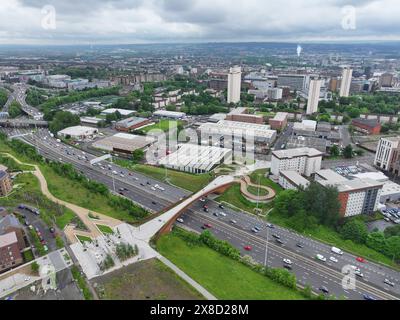 Aerial drone view of M8 through Glasgow at new Sighthill bridge Stock Photo