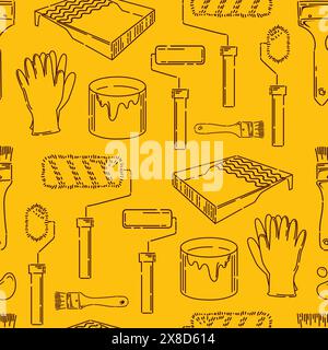 Repair and painting work, seamless pattern of brushes and rollers for painting. Cuvette for paints, gloves, a jar of enamel. Repair, building. Vector Stock Vector