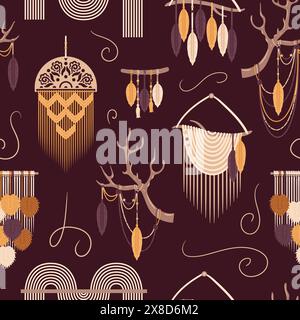 Macrame panels, boho. Handmade. Hobbies, interests. Interior design, decor. Wellness meditation Vector illustration in flat style Lace knots Stock Vector