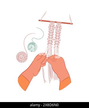 Hands weave a macrame panel with balls of thread nearby. boho. Handmade. Hobbies, interests. Interior design, decor. Wellness, meditation. Vector illu Stock Vector