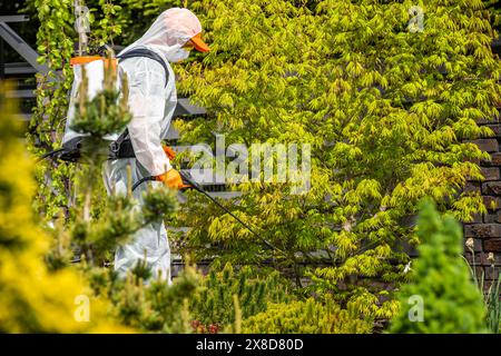 A man wearing a protective suit is spraying pesticide on a tree to control pests and diseases, ensuring the trees health and productivity. Stock Photo