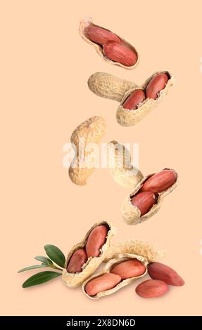 Fresh unpeeled peanuts falling on beige background Stock Photo