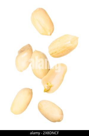 Many peanuts in air on white background Stock Photo