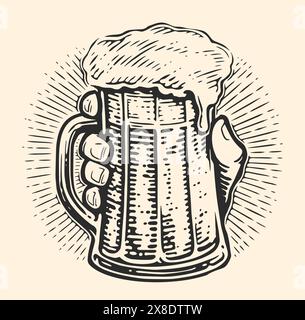 Hand holding beer mug. Party celebration in pub. Glass of lager foamy alcohol drink. Vector drawing Stock Vector
