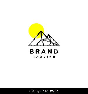 Mountain Lines with Sun accents. Logo template about challenging outdoors illustrates mountains in present geometry lines. Stock Vector
