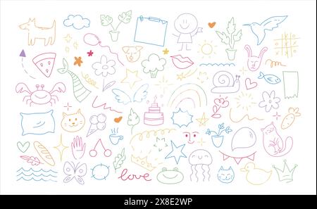 Childish doodle outline elements collection. Hand drawn animals, plants and objects in kids scribble style. Vector illustration Stock Vector