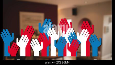Image of raising hands over empty house interior Stock Photo