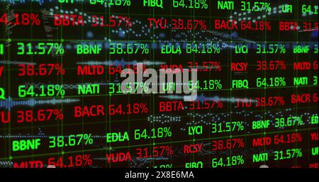 This image shows red and green stock market data rolling and processing over a grid Stock Photo