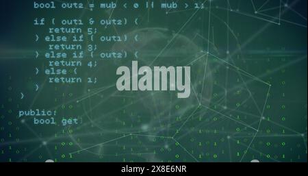 Image of binary coding and data processing over globe of plexus networks on green background Stock Photo