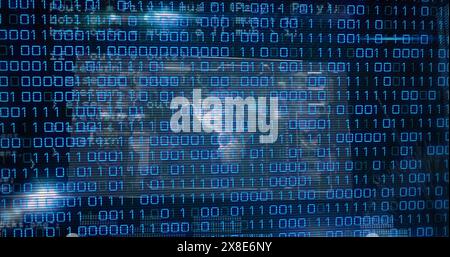 Image of binary coding over screens with data processing against light spot on blue background Stock Photo