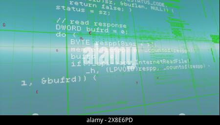 Lines of code running on computer screens in data center providing ...