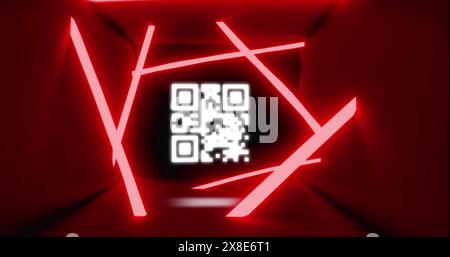 Image of infographic interface and qr code in abstract pattern over red tunnel Stock Photo