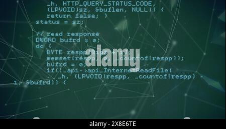 Image of statistical data processing over plexus networks against green background Stock Photo