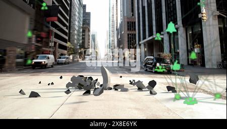 Image of globes of digital icons over euro symbol falling and breaking on the street Stock Photo