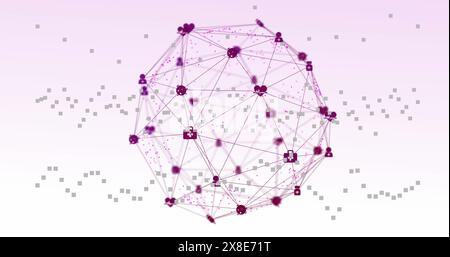 Image of medical icons connected with lines forming globe and squares on white background Stock Photo