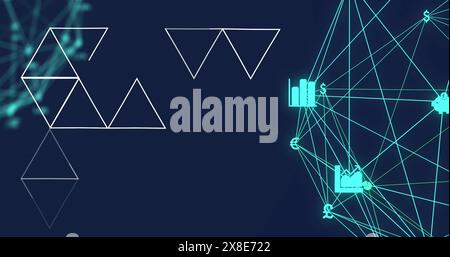 Image of abstract geometric shapes over two globes of digital icons spinning on blue background Stock Photo
