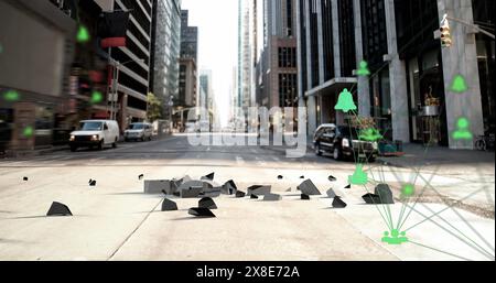 Image of globes of digital icons over euro symbol falling and breaking on the street Stock Photo
