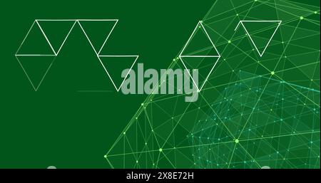 Image of illuminated connected dots forming globe and triangular structure on green background Stock Photo