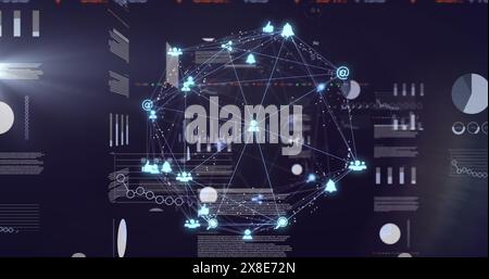 Image of icons connected with lines forming globe and rotating over infographic interface Stock Photo