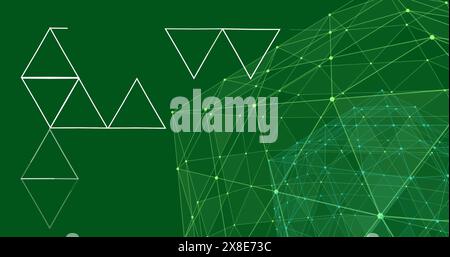 Image of illuminated connected dots forming globe and triangular structure on green background Stock Photo