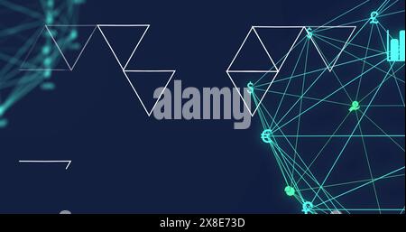 Image of abstract geometric shapes over two globes of digital icons spinning on blue background Stock Photo