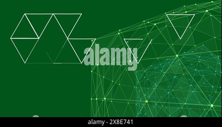 Image of illuminated connected dots forming globe and triangular structure on green background Stock Photo