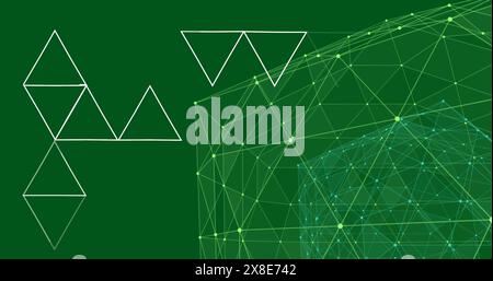 Image of illuminated connected dots forming globe and triangular structure on green background Stock Photo
