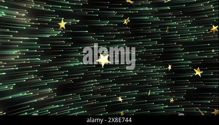 Image of gold stars falling over glowing green spots of light Stock Photo