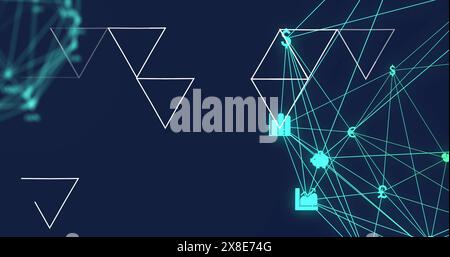 Image of abstract geometric shapes over two globes of digital icons spinning on blue background Stock Photo