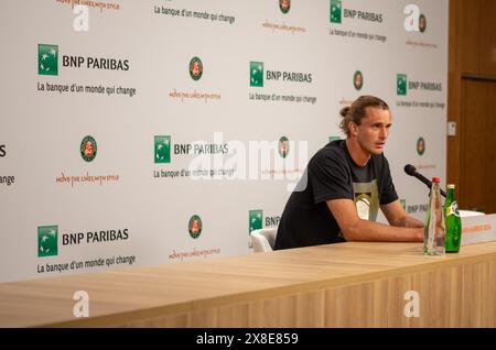 Paris, France. 24th May, 2024. Alexander Zverev of Germany answers a question during a press conference on the Media Day at Roland Garros, Paris, France, May 24, 2024. Credit: Meng Dingbo/Xinhua/Alamy Live News Stock Photo