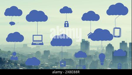 Image of digital clouds with tech icons floating over cityscape Stock Photo
