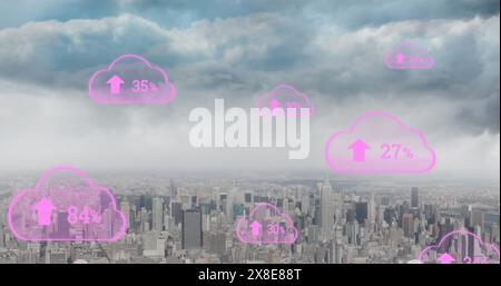 Image of clouds and percent growing over cityscape Stock Photo