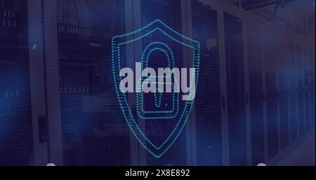 Image of light spot over security padlock icon and data processing against computer server room Stock Photo