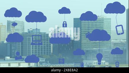 Image of digital clouds with tech icons floating over cityscape Stock Photo