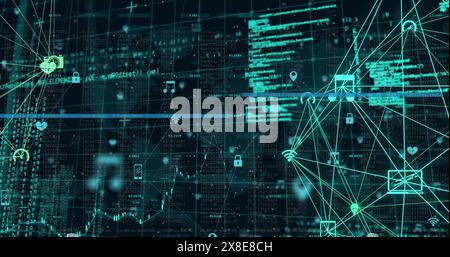 Image of two globes of digital icons and data processing over grid network against world map Stock Photo