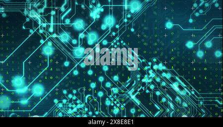 Image of binary coding and glowing microprocessor connections against blue background Stock Photo
