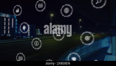 Image of falling icon in circles over time-lapse of moving vehicles on street Stock Photo