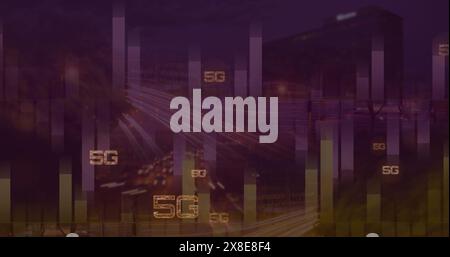 Image of 5g texts over graphs against time-lapse of moving vehicles on street and buildings Stock Photo