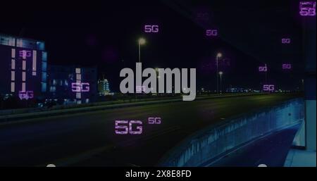 Image of 5g texts over time-lapse of moving vehicles on street in background Stock Photo